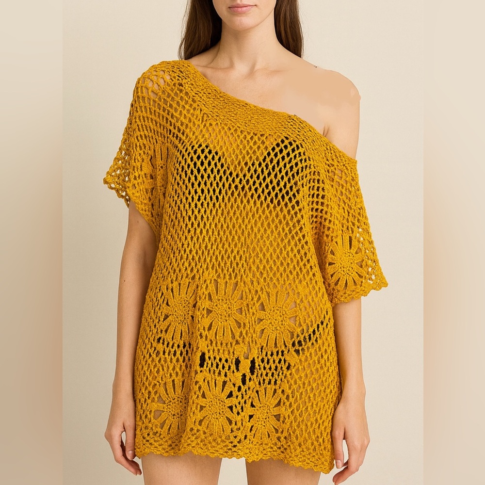 Amber Yellow Crochet Wide Neck Top / Coverup Size 2X